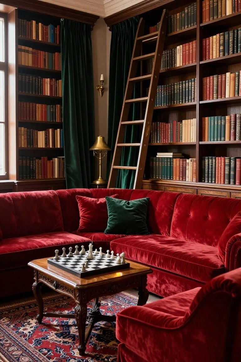 Wood-paneled library room with tall bookshelves, rolling ladder, green velvet curtains, brass lamps, red velvet L-shaped sofa with pillows, chessboard on wooden coffee table, and patterned rug.