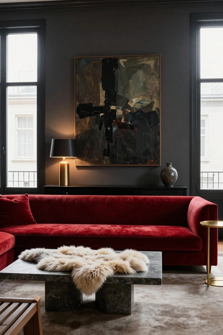 Living room with L-shaped red velvet sofa, dark gray walls, large abstract painting, brass floor lamp on black console, stone coffee table topped with sheepskin rug, gold side table, and wooden stool on gray rug.