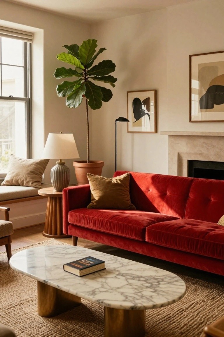 Living room interior with red velvet tufted sofa, oval white marble coffee table on brass legs, large potted fiddle leaf fig, table lamps, neutral walls, framed art, and window with sheer shade.