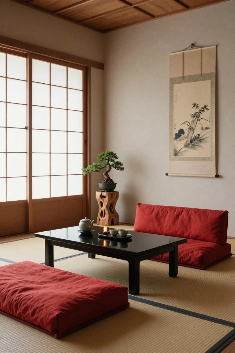 Traditional Japanese room featuring tatami flooring, red floor cushions and sofa cushions, low black table with teapot, cups, and candle, bonsai tree on wooden stand, hanging ink scroll, and shoji sliding doors.