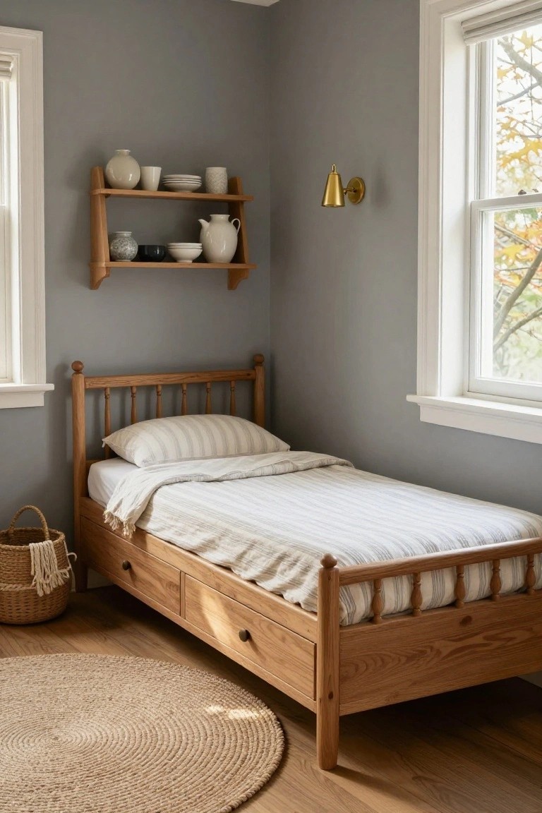 Gray bedroom with wooden spindle bed frame featuring underbed drawers, white striped linens, floating wooden shelves holding ceramics, gold wall sconce, seagrass rug, and wicker basket on hardwood floor.