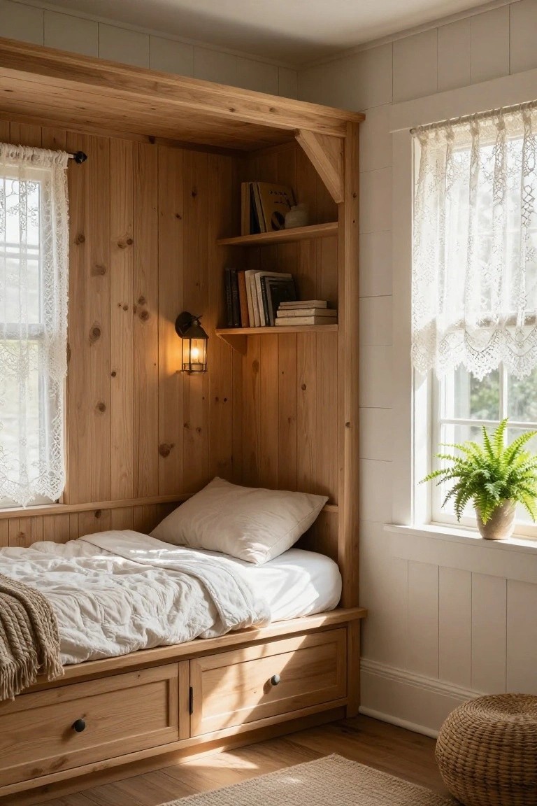 Wooden built-in bed alcove with pine paneling, bookshelves, wall-mounted lantern, white bedding, under-bed drawers, beside a window with lace curtains and potted fern in a white room.