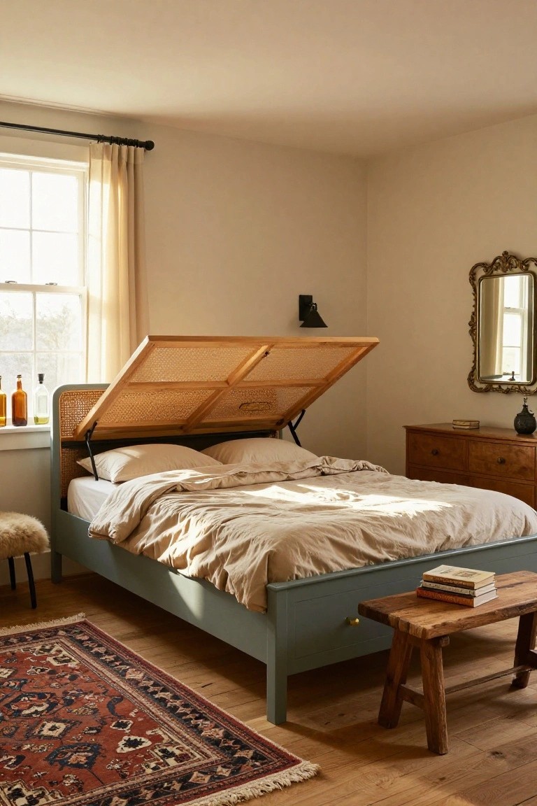 A bedroom with a teal wooden bed frame featuring an open rattan-paneled headboard revealing storage underneath, beige duvet and pillows on the mattress, wooden dresser, bench with books, sheepskin stool, and red Persian rug on wood floors.
