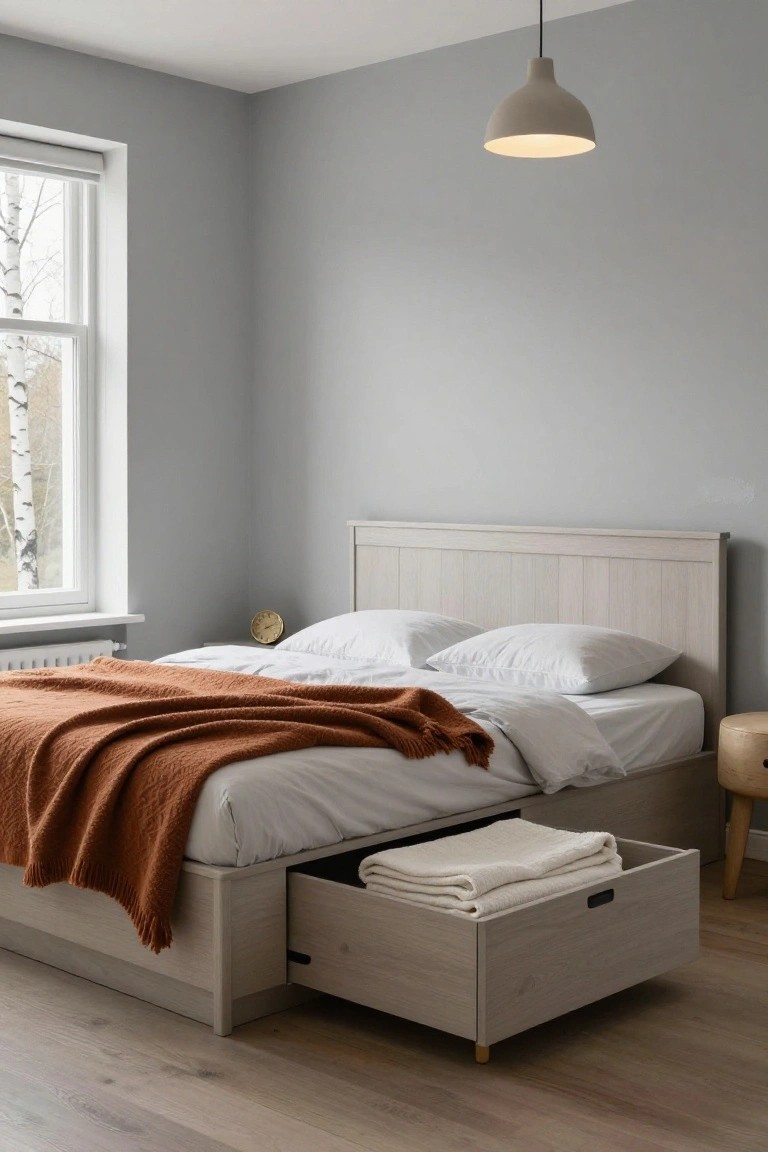 A bedroom with a light ash wood bed frame featuring an open underbed storage drawer containing folded white linens, white bedding topped by an orange knit throw, a bedside clock, and a stool on light wood flooring against gray walls and a window.