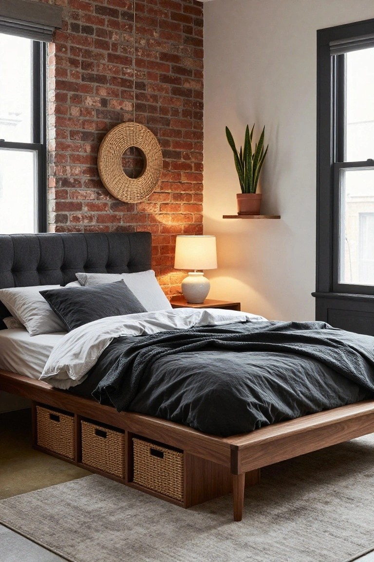 Corner bedroom with exposed brick walls, low walnut platform bed featuring three woven storage basket drawers underneath the bed, tufted charcoal gray headboard, white and gray bedding, potted snake plant on wall shelf, and white ceramic lamp.