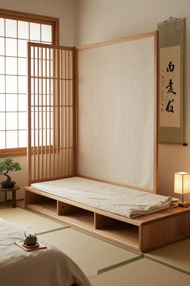 A minimalist bedroom with tatami flooring, a low wooden platform bed featuring built-in storage drawers underneath, shoji screens, a bonsai plant on a stand, a paper lantern, and a hanging scroll.