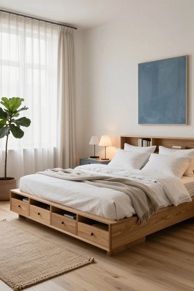 Minimalist bedroom with light wood storage bed, white linens, and blue wall art.