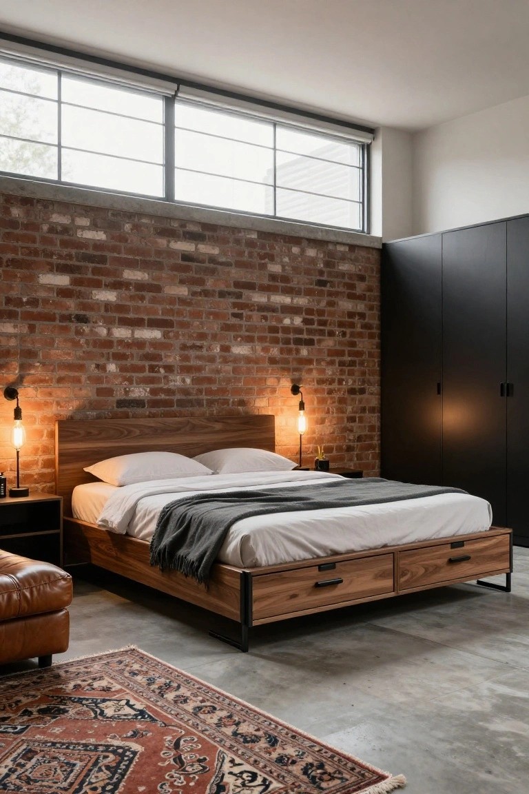 Bedroom interior with a low wooden platform bed featuring storage drawers, flanked by black metal nightstands and wall lamps, a black wardrobe, leather armchair, and Persian rug on polished concrete floor against exposed brick wall.