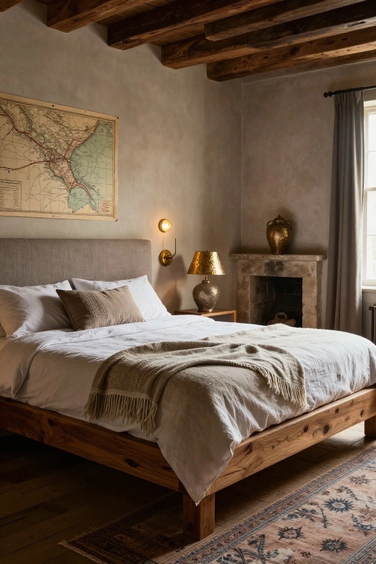 Cozy bedroom corner featuring a low rustic wooden platform bed with white sheets, pillows, and a gray fringed throw, next to a stone fireplace with brass lamps, under exposed wood beams on plaster walls, with a vintage map hung nearby.