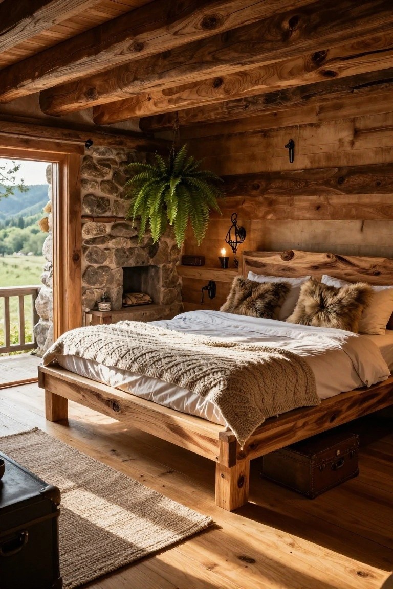 Log cabin bedroom with wooden walls and ceiling, a platform wooden bed with white sheets and fur pillows, stone fireplace, hanging plant, and open door to mountain view.