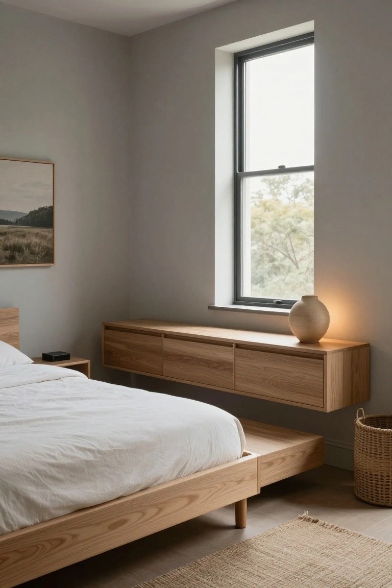 A bedroom corner with a low light oak platform bed, floating wooden shelf with two drawers above it used as nightstand, ceramic lamp on shelf, seagrass basket on floor, and large window with view of trees.