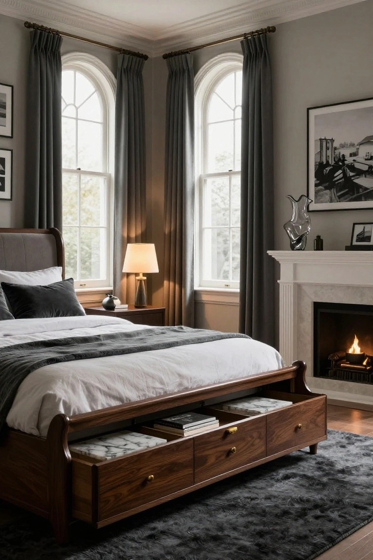 A cozy bedroom corner with a wooden sleigh bed featuring open drawers under the base, gray velvet pillows on white sheets, arched windows with gray drapes, a lit fireplace, and a bedside lamp on a wooden table.