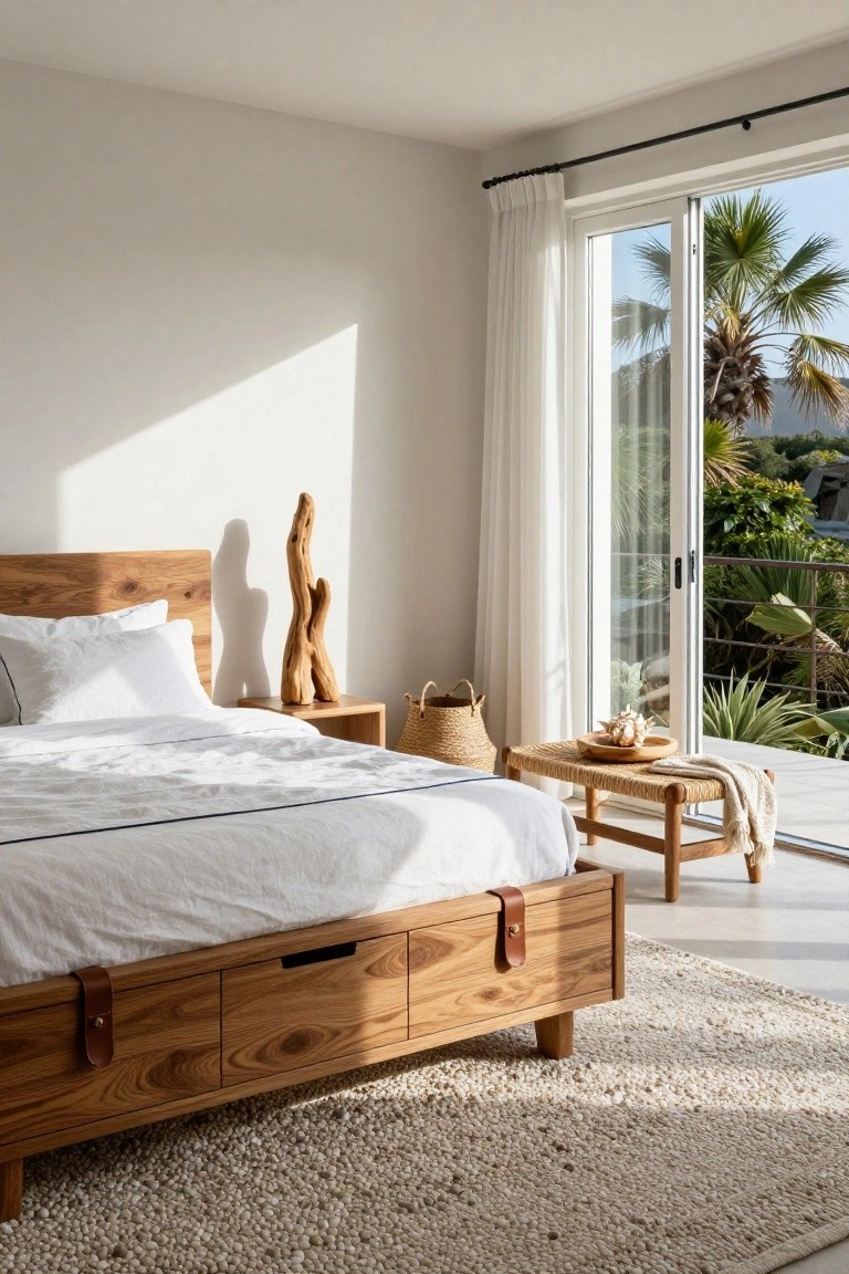 Light wooden bed frame with underbed storage drawers featuring leather pulls, white linens, bedside table with driftwood sculpture, and sliding glass doors to a balcony with palm trees and greenery.