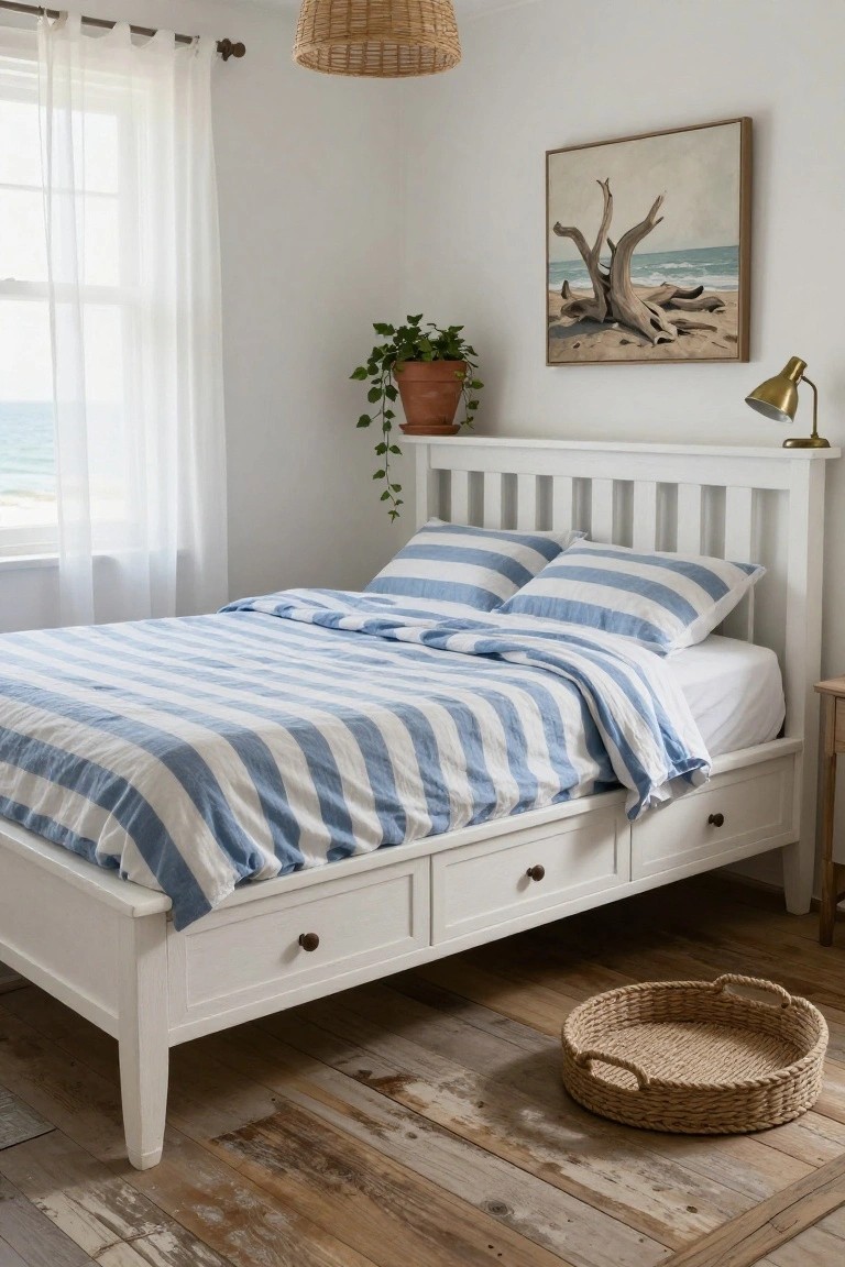 White wooden platform bed with storage drawers and blue striped linens in a bright bedroom with sheer window curtains, potted plant on shelf, beach artwork, brass lamp, and rattan basket on wood floor.