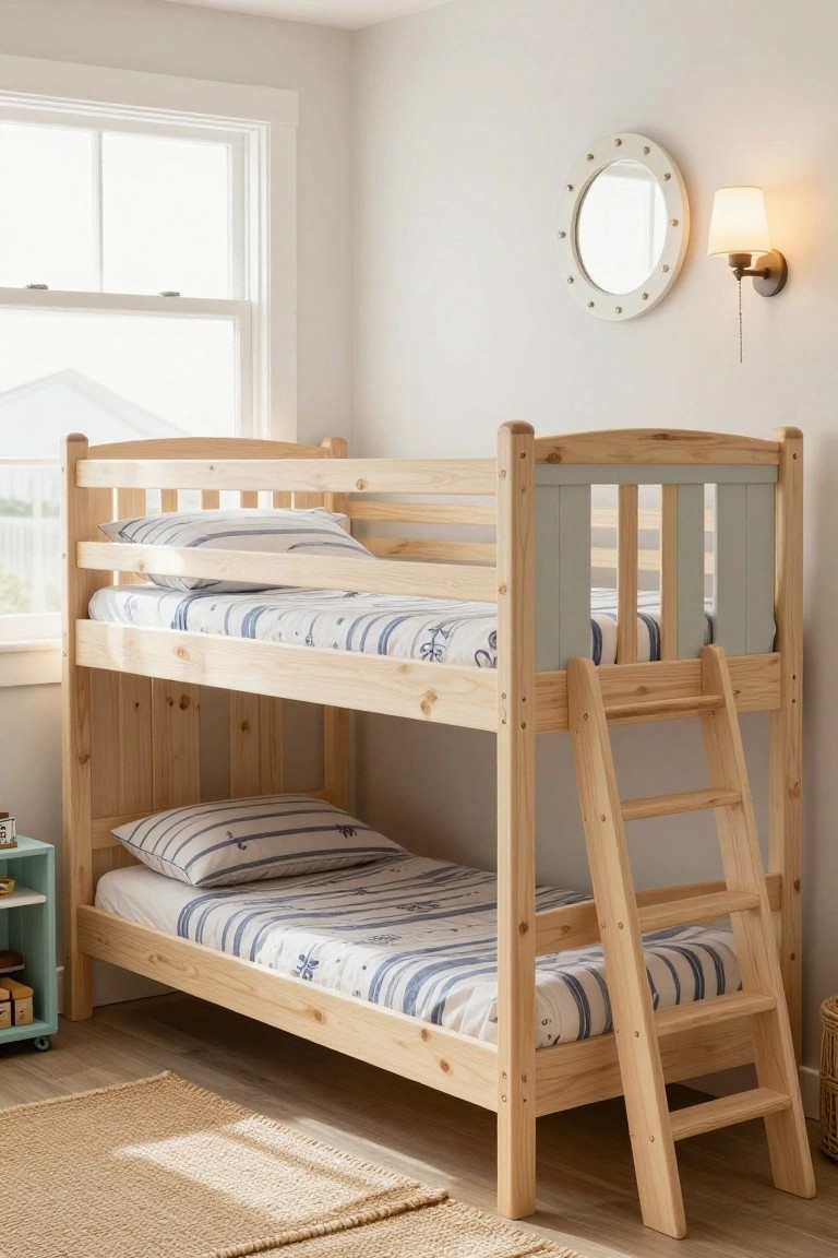 Wooden bunk bed with ladder, nautical striped bedding on both levels, in a white-walled bedroom with window, wall mirror, lamp, green shelf, and rug.
