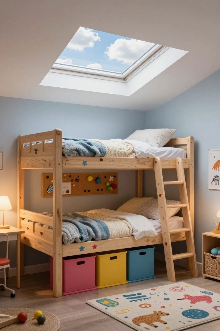 Children's bedroom with wooden bunk bed featuring colorful storage bins under the lower bunk, bulletin board on the frame, desk and lamp nearby, and skylight in the ceiling.