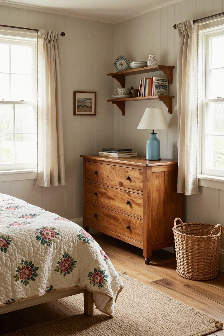 Corner of a bedroom with light beadboard walls, two windows with white curtains, wooden shelves holding books ceramics and dishes, a wooden four-drawer dresser next to a low wooden bed with floral quilt, blue vase and lamp on dresser, wicker basket on floor, and seagrass rug.