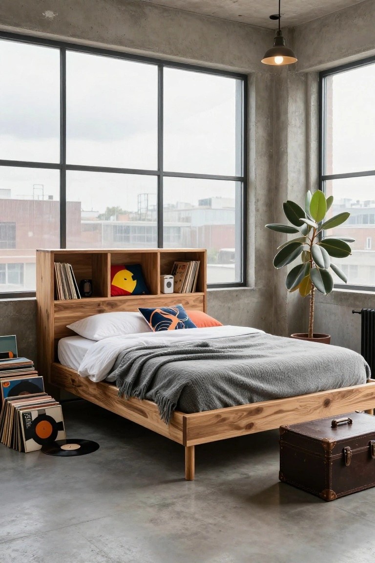 A wooden platform bed with a headboard featuring open cubby shelves holding books, vinyl records, and pillows, in a concrete loft bedroom with large windows, a potted plant, and scattered records on the floor.