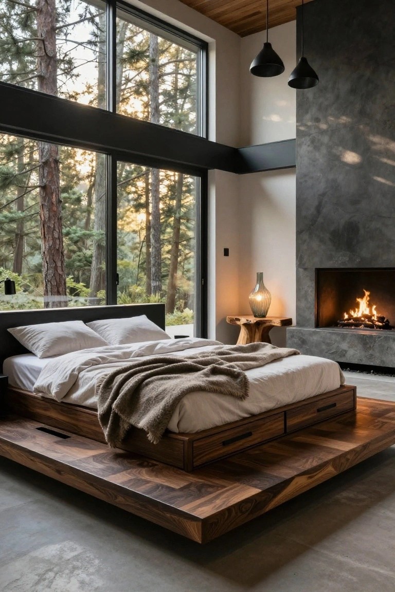 Modern bedroom interior with a low wooden platform bed featuring storage drawers underneath, white bedding, a stone fireplace with fire, side table with vase, and large windows overlooking pine forest.