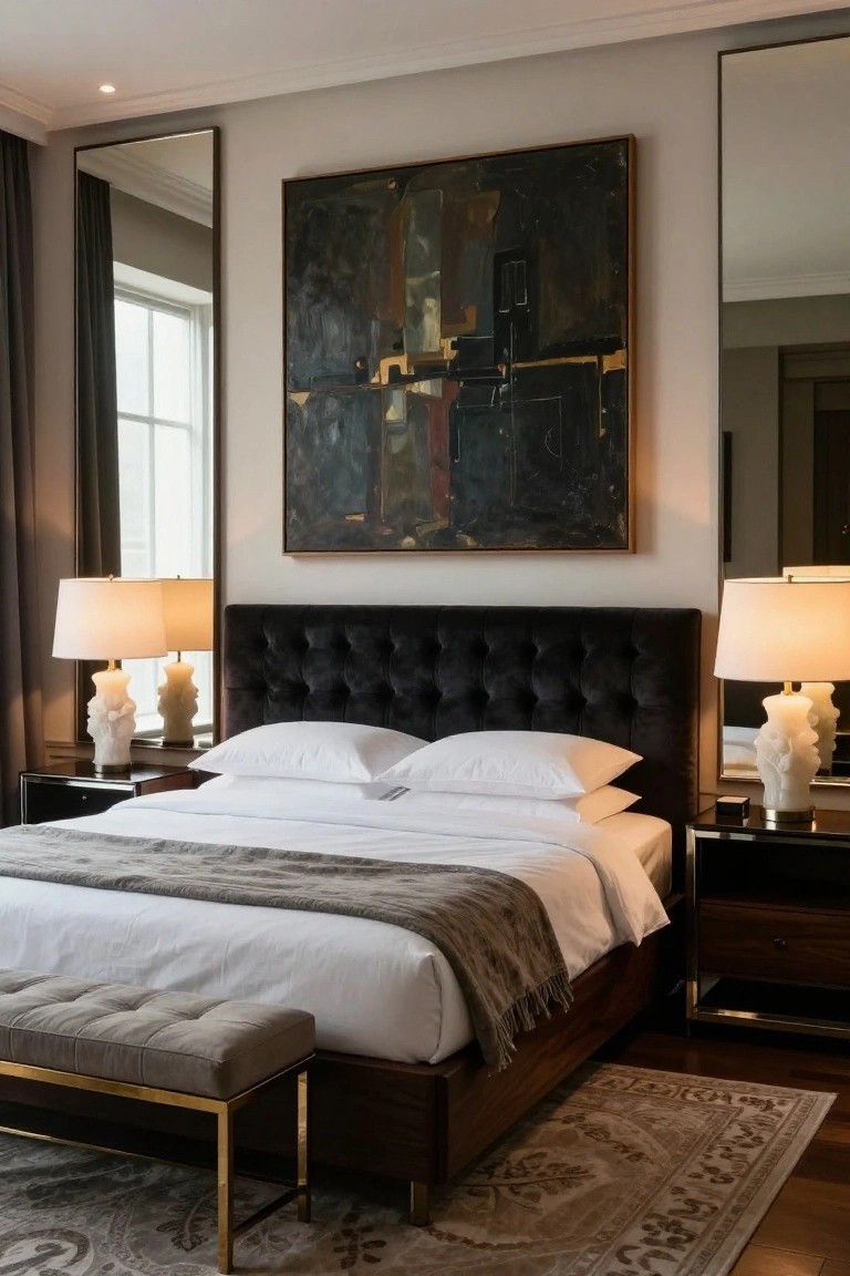 A bedroom with a low wooden platform bed featuring a black tufted velvet headboard, white bedding, gray throw, flanked by mirrored nightstands with white sculptural lamps, a gold metal bench at the foot, large abstract painting on the wall, full-length mirrors, and patterned rug on hardwood floor.