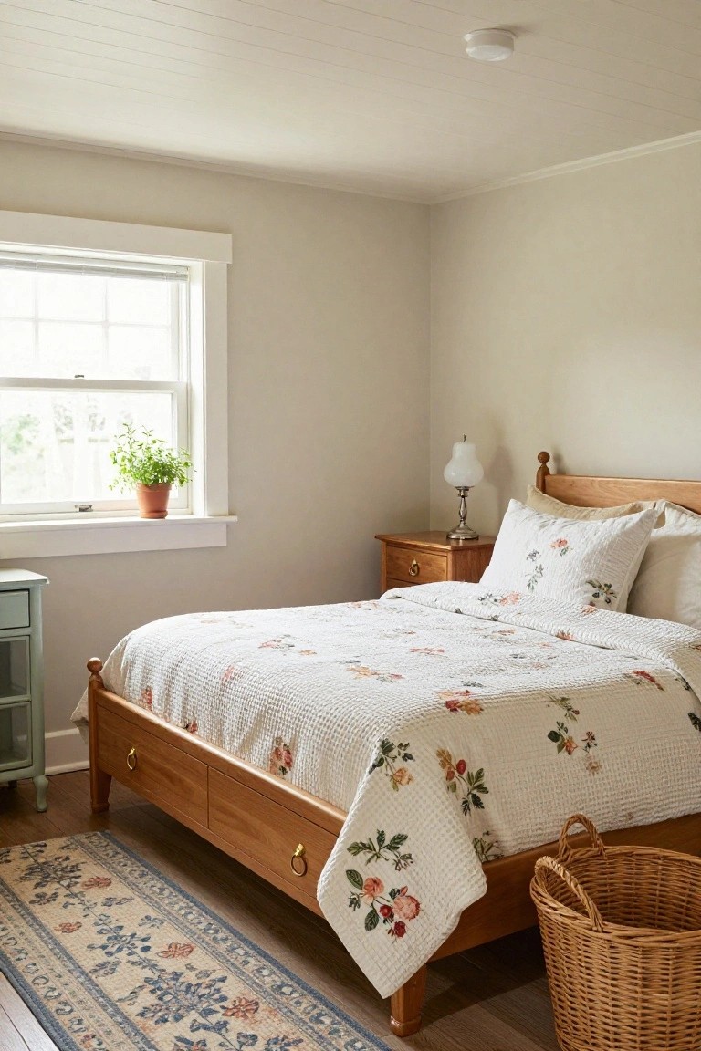 Bedroom with wooden bed frame featuring drawers under the mattress, white floral quilt, wooden headboard and nightstand with lamp, window with potted herb plant, mint green dresser, oriental rug, and wicker basket on hardwood floor.