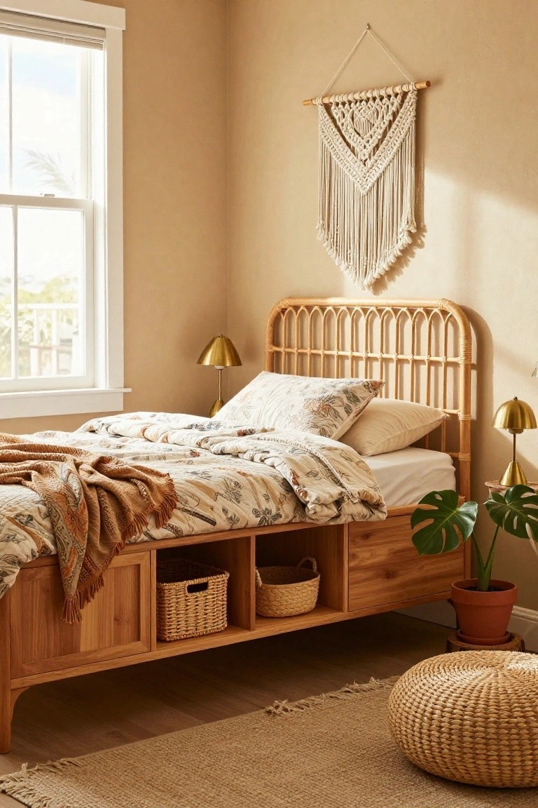 A bedroom with tan walls showing a wooden bed frame with rattan headboard, underbed drawers holding wicker baskets, gold table lamps, potted plants, and a macrame wall hanging.