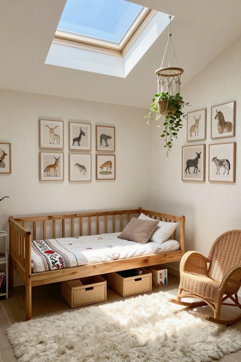 A sunlit nursery room with a wooden toddler bed featuring under-bed drawers filled with woven baskets, animal illustrations on beige-framed wall art, a hanging macrame planter with trailing plant, a wicker rocking chair, and a fluffy white shag rug on light wood floors.
