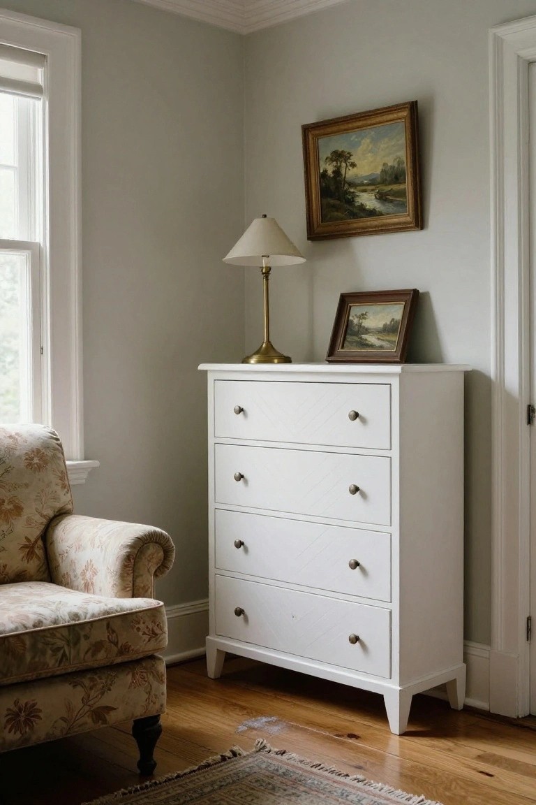 A white wooden dresser with four drawers and metal knobs stands against light gray walls in a bedroom corner, topped with a brass lamp and a small framed picture, next to a window and floral armchair.