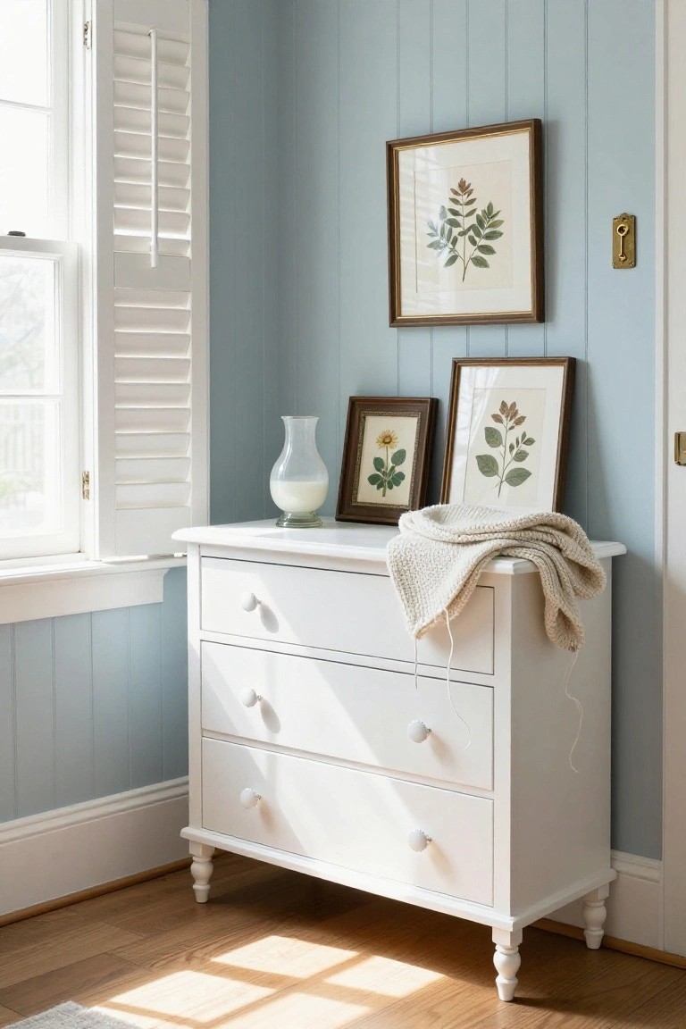 A white three-drawer dresser with round knobs sits against light blue walls next to a window with white shutters, topped with framed botanical prints and a folded cream throw.