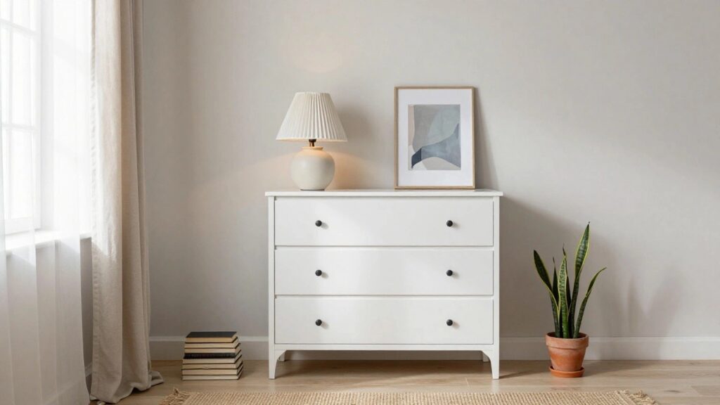 A white three-drawer dresser stands in a bedroom corner under a window with sheer curtains, topped with a lamp and stacked books, with potted plants nearby.