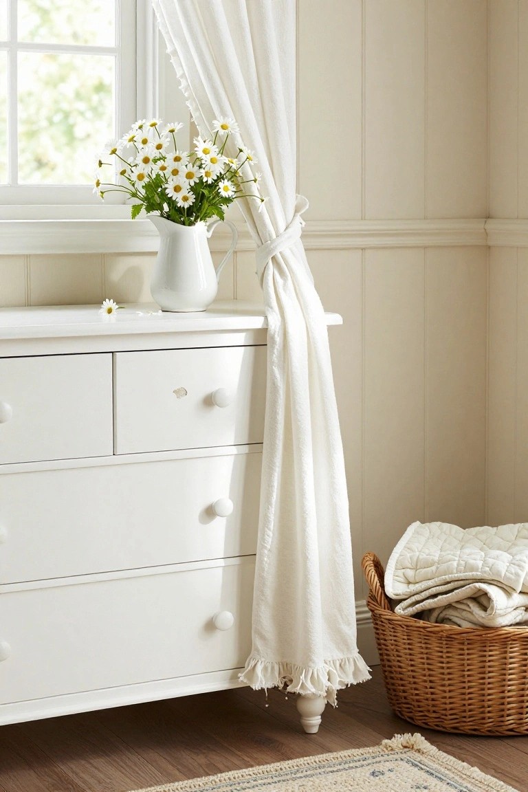 White dresser with daisy bouquet, curtain tie, and wicker basket.