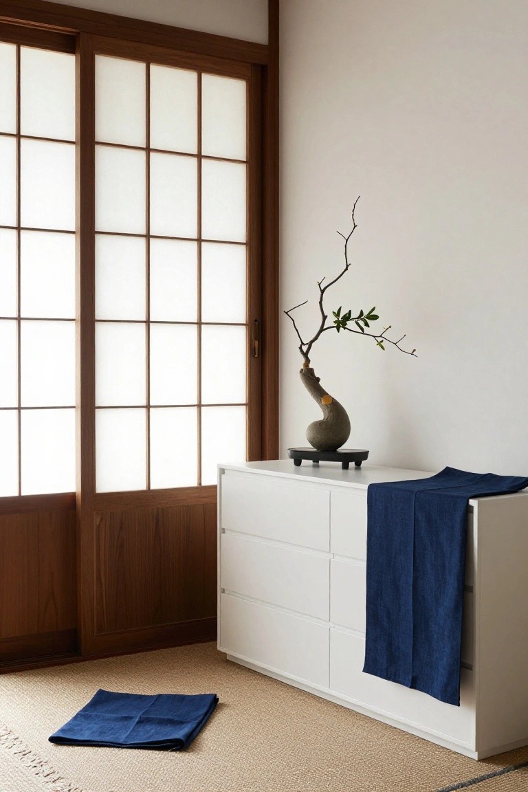 A white dresser with six drawers sits against a plain wall next to a shoji screen door, with a sculptural vase on top and a blue cloth draped over one side, on a tatami mat floor.
