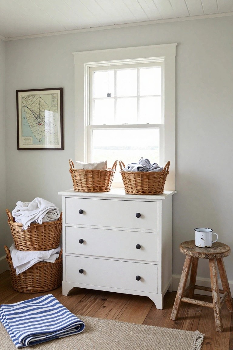 White dresser with wicker baskets under window beside wooden stool.