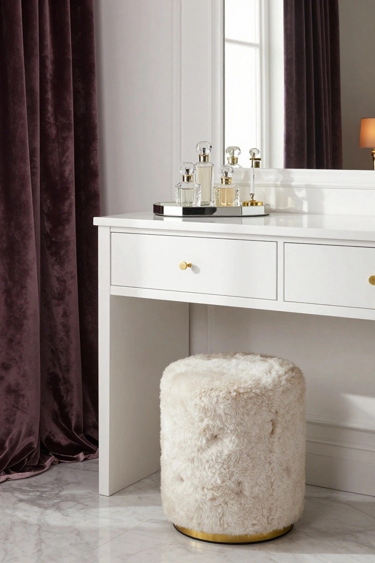 White vanity desk with perfume bottles and fluffy cream stool.