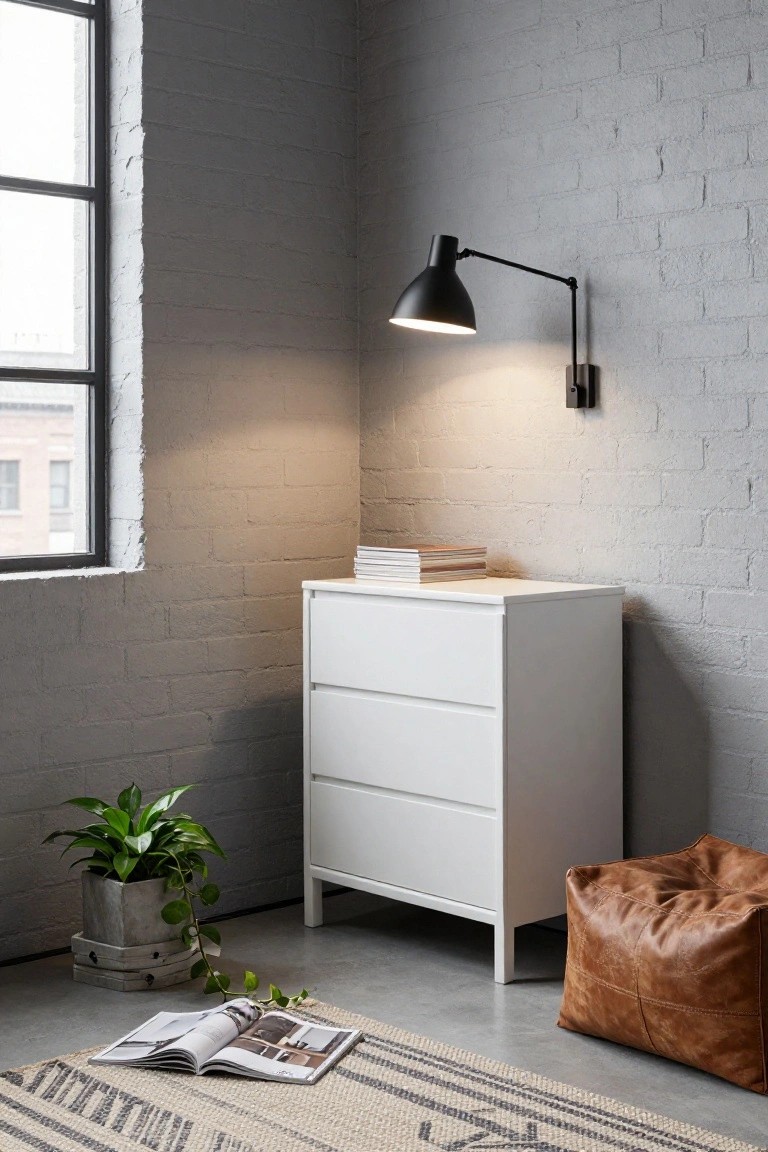A white three-drawer dresser stands against a gray brick wall with a black wall-mounted lamp above it, a potted plant to the left, and an open magazine on a woven rug in the foreground.
