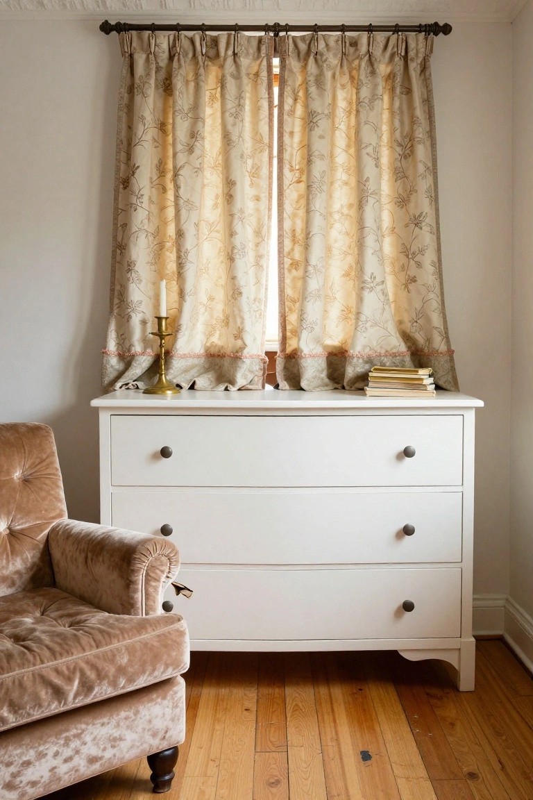 White dresser with books beside a velvet chair under floral curtains.