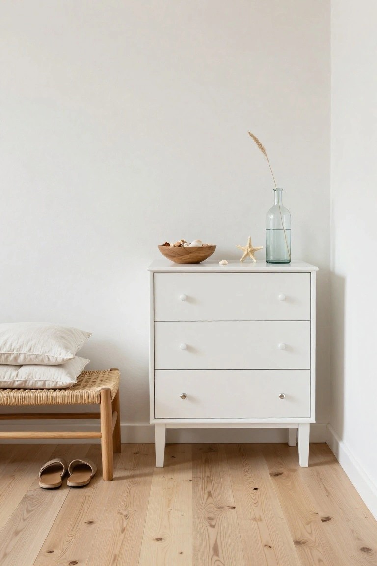 White dresser with drawers beside woven bench and seashell decor.