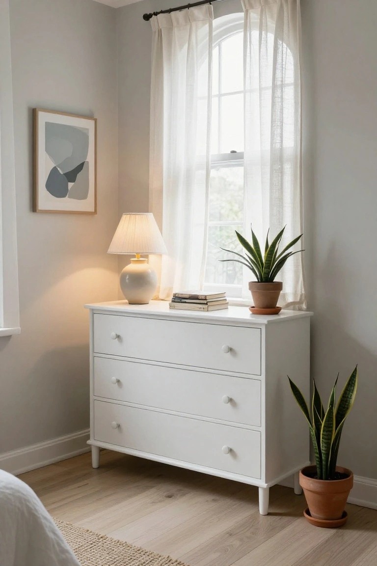 A white three-drawer dresser stands in a bedroom corner under a window with sheer curtains, topped with a lamp and stacked books, with potted plants nearby.