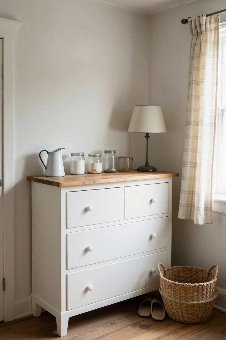 A white dresser with a natural wood top sits in a bedroom corner, holding glass jars and a lamp, with a wicker basket and slippers on the floor nearby.