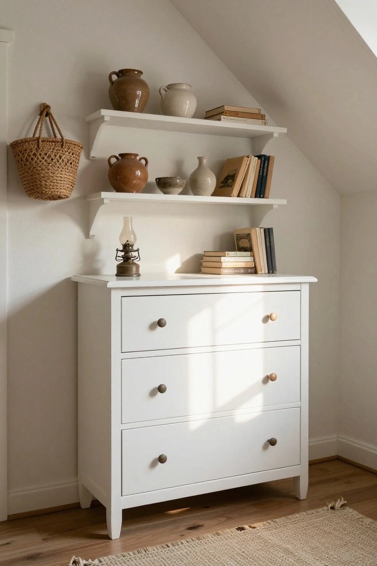 A white three-drawer dresser with two floating shelves above it holding ceramic vases and books, next to a woven basket on the wall.