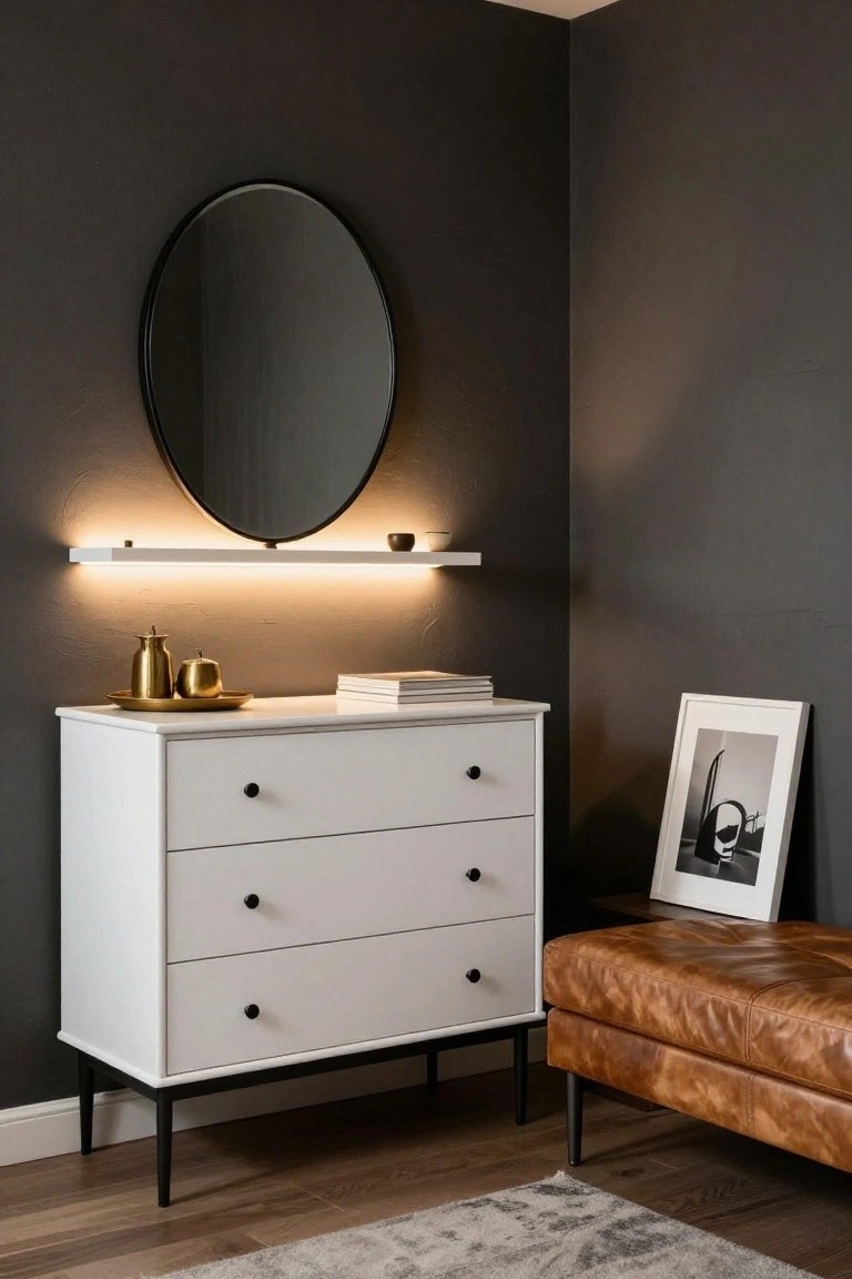 A white three-drawer dresser with black legs is placed against a dark wall under a round mirror and a backlit floating shelf, with a brown leather bench nearby.