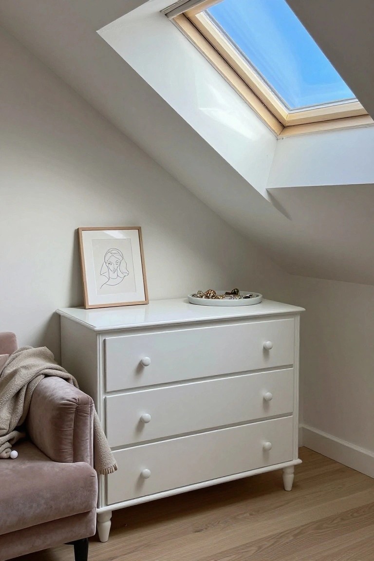 White dresser with jewelry tray and framed art under skylight window.