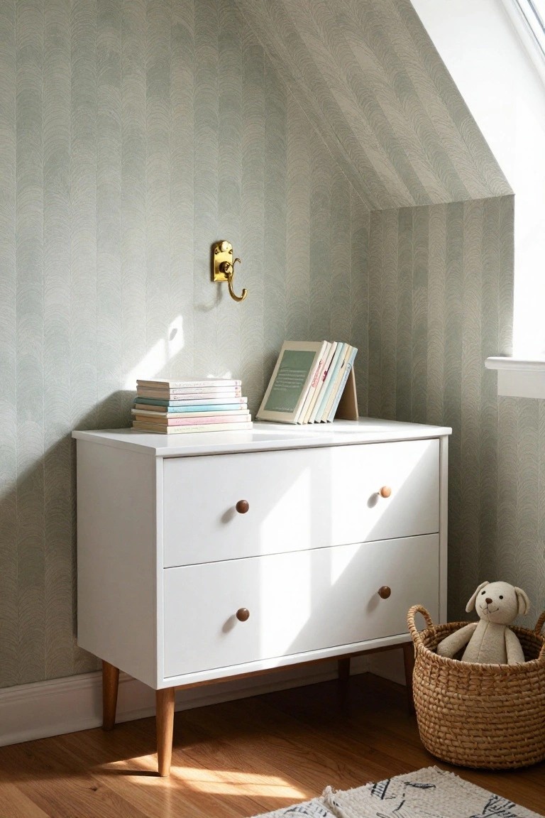 White dresser with books and teddy bear in a sunlit room.
