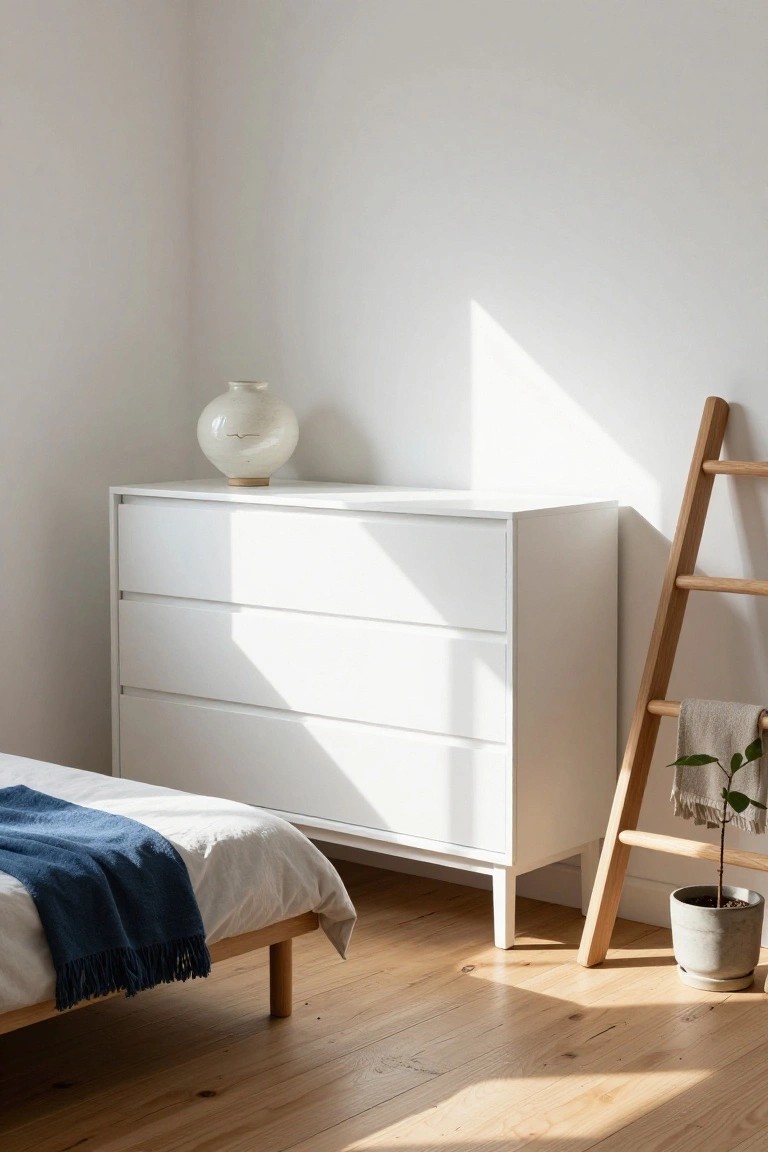 A white four-drawer dresser with a round vase on top stands in a sunlit bedroom corner next to a wooden ladder and part of a bed with blue and white bedding.