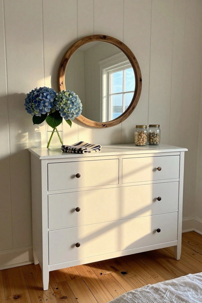 White dresser with round mirror, blue hydrangeas, and glass jars.