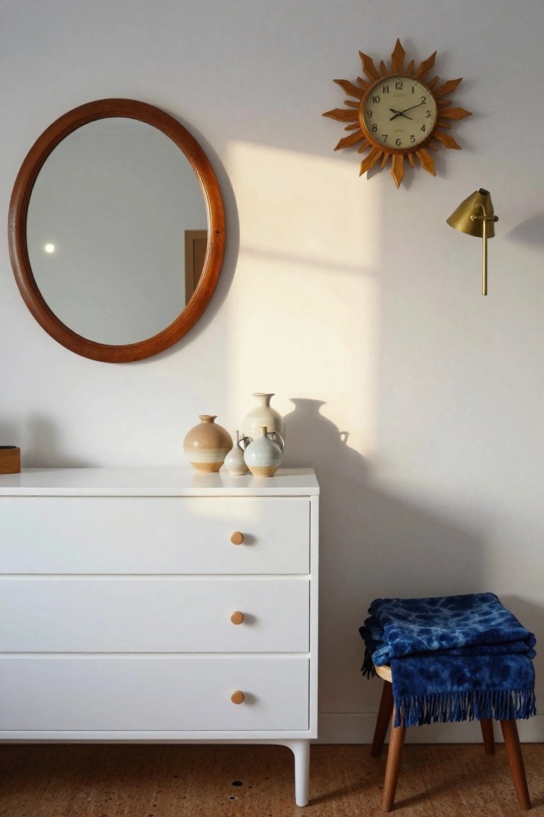 A white dresser with three drawers and round wood knobs stands against a plain wall, topped with three ceramic vases, beside a blue tie-dye blanket on a wooden stool and under a round wood-framed mirror.