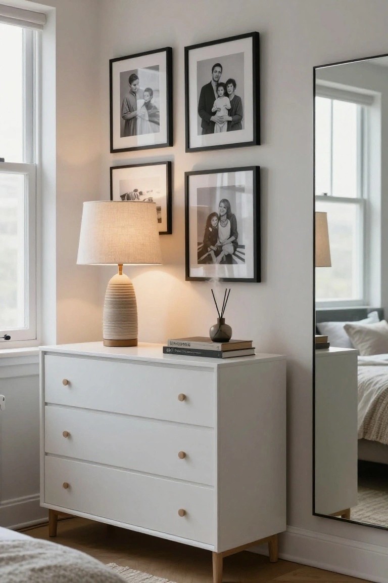 A white three-drawer dresser with light wood legs and knobs holds a lamp and stacked books, positioned below four black-framed photos and beside a tall mirror in a bedroom.