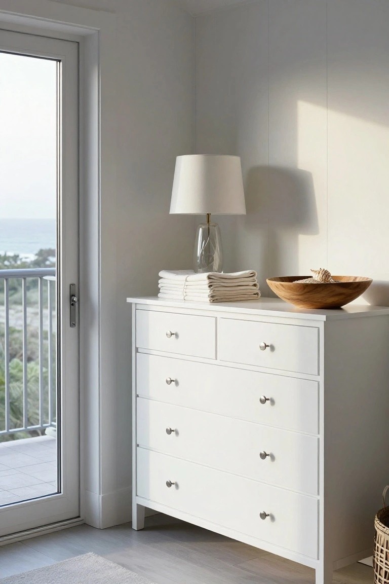 White dresser with lamp, folded towels, and wooden bowl by glass door.