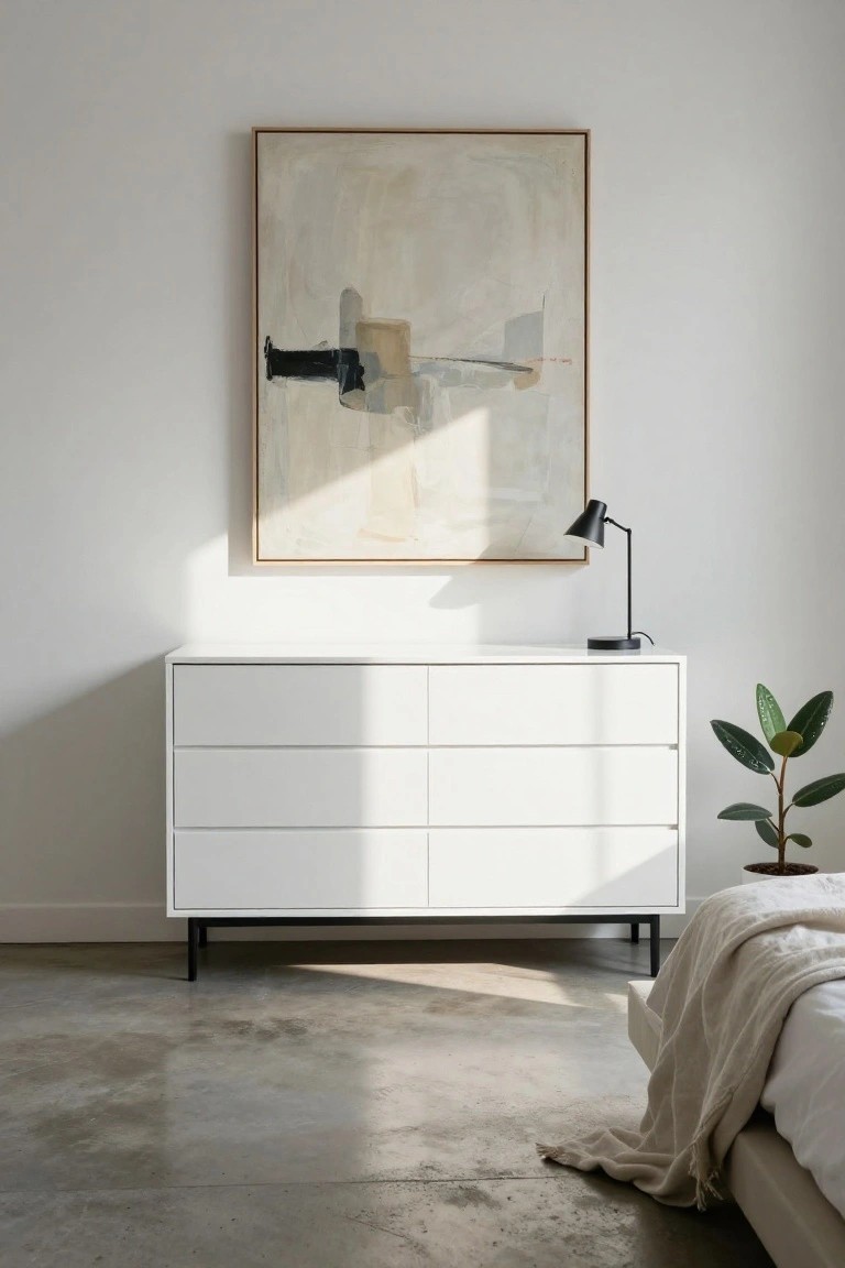 A white six-drawer dresser with black legs sits beneath a large abstract painting in a bedroom with a concrete floor and part of a bed visible on the right.