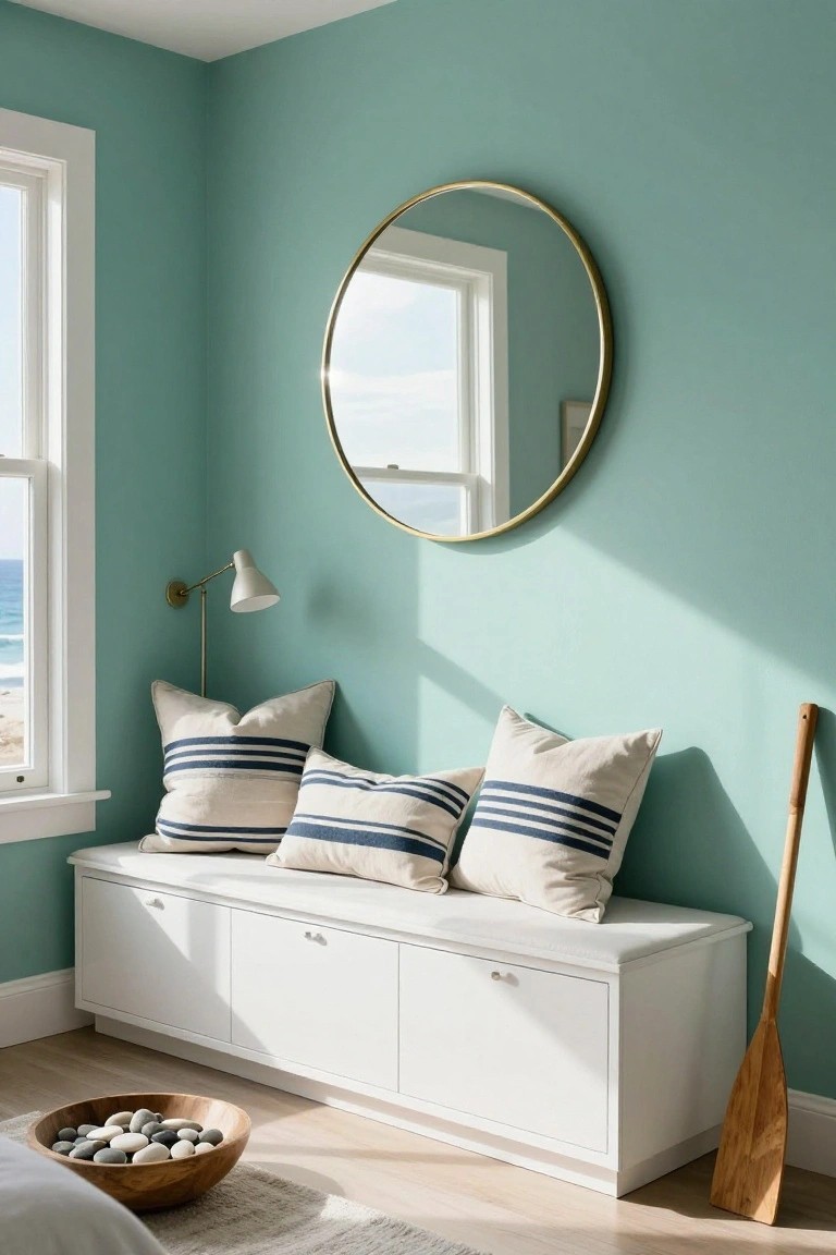 Coastal room with teal walls, round mirror, white bench, striped pillows, and wooden oar.